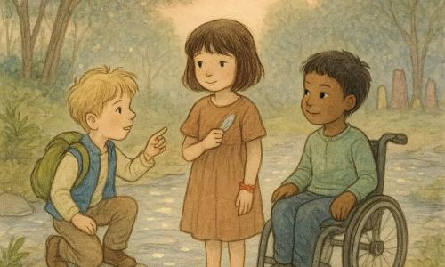 There are three children, about 6 years old: Mila, brown bob, shy smile, red ribbon on her wrist, standing center with her hand on a small silver feather hidden in her pocket, looking at the river; Jonah, tousled blond, curious eyes, wearing a blue vest and green backpack, left of Mila kneeling on a flat stone and pointing toward the woods' path; Arlo, short black hair, in a simple sturdy wheelchair with a gentle confident expression, right of Mila with a hand on his wheel watching the best route. They stand at the Moonmilk River at dusk—silver water reflecting spots of light, large flat stepping stones, Glimmerwood trees with star‑like shimmering leaves, green ferns and soft moss on the banks, a circle of tall colored stones in the background and a pink sky—as the three prepare to cross on slippery stones, Mila clutching the feather, Jonah indicating the hidden way, Arlo calmly choosing the best line for his wheels; the mood is gentle adventure, mild tension, careful gestures and clear solidarity.