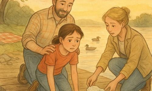 A 10-year-old girl with a round face and mid-length brown hair in a small ponytail, knees slightly bent and hands flat on a wet wooden dock, looks worried but relieved as her father, mid-30s with a short beard and rolled-up plaid shirt sleeves, stands behind holding her shoulders while the mother, in her mid-30s with blonde hair in a loose bun and a light jacket, crouches at the dock edge to rescue a small crumpled, wet bundle of papers before it falls into a tranquil dusk lake with ducks, shiny pebbles, a checkered blanket under a wind-tossed tree, droplets glinting on the paper and orange sky reflections on the cracked wood.