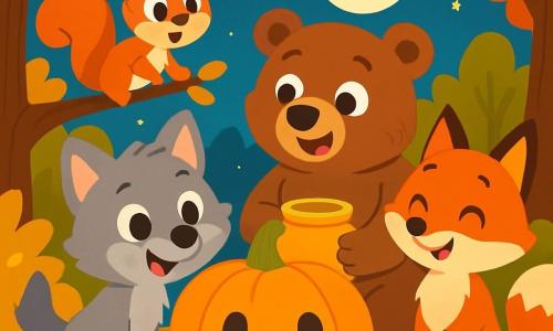 A little wolf named Wally, with soft gray fur and sparkling curious eyes, stands in front of a large orange pumpkin with a joyful smile, ears perked up and a big grin on his face. Next to him, Benny the big brown bear, with fluffy fur and a friendly look, holds a jar of honey while gazing at the pumpkin in amazement. Sally the little squirrel, with her reddish fur and bushy tail, climbs on a tree branch, eyes wide with surprise. Freddy the fox, with his bright red fur and mischievous expression, stands a bit back, paws crossed, smiling as he watches his friends. The scene takes place in an enchanted clearing surrounded by trees with golden and orange leaves, under a starry sky where the moon shines softly. In the center, the pumpkin, which was upside down, has been righted to display a big smile, and all the animals are gathered around, laughing and having fun, ready to celebrate Halloween together.