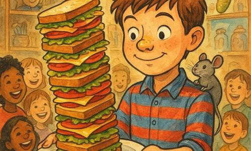 A 10-year-old boy with a round face, mustard freckles on his nose, big mischievous eyes and messy chestnut hair, wearing a red-and-blue striped shirt with rolled sleeves, delicately turns a plate holding a twelve-layer sandwich tower 180° while a small grey mouse perches on his shoulder; behind him to the right Mr. Puddlewick, an elderly man with round glasses and a spinning bow tie, stands surprised with hands clasped, a semicircle of laughing, astonished children age 6–12 watches; the cluttered shop interior shows wooden shelves of whimsical objects (applauding hats, telescopic forks, dusty jars), warm string lights and a display with a golden pickle trophy, and the sandwich tower—glossy jelly, curly lettuce, stretchy cheese, juicy tomato—remains miraculously stable, creating a tense yet joyful scene with ink-contrasted lines, vivid watercolor touches, glints on the jelly and tiny mustard smears on the tablecloth.