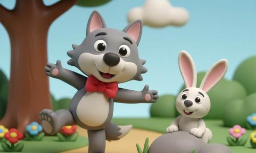 A playful smiling wolf with bright round eyes, a short muzzle, soft gray fur and a bright red bow tie dances with a big sidestep as he discovers a fluffy white rabbit named Snickers, with long fuzzy ears and sparkling black eyes, hiding and laughing behind a low rock to the right; they are surrounded by small tufts of tender green grass and colorful round flowers in a sunny park with a smooth-trunked tree, light blue sky, a few fluffy clouds and an ochre dirt path—capturing the joyful moment of hide-and-seek as the wolf twirls exuberantly and the rabbit bursts out laughing.