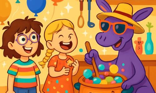 Există 3 personaje: - Liana: o fată de 10 ani cu părul castaniu și ochelari cu ramă violetă. Poartă un tricou cu dungi colorate și o pereche de pantaloni scurți din denim. Se află în stânga, cu un zâmbet curios pe față. - Tania: o fată de 10 ani cu părul blond împletit și șosete asortate. Este îmbrăcată cu o rochie cu buline și se află în centru, râzând în timp ce ține un biscuit în formă de stea. - Gumbaloo: un cangur purpuriu, mare și vesel, cu o pereche mare de ochelari de soare și o pălărie de paie. Se află în dreapta, amestecând o oală mare plină cu baloane colorate cu o lingură de lemn. Locul se desfășoară într-o bucătărie magică, unde masa este acoperită cu o față de masă cu buline colorate. Baloane plutesc în jur, iar scânteile de lumină strălucesc în aer. Bucătăria este plină de culori vii, cu ustensile de bucătărie în formă de personaje amuzante și ingrediente care dansează pe rafturi. Situația principală îl arată pe Gumbaloo pregătind o ciorbă de baloane, în timp ce Liana și Tania îl observă cu uimire. Bule de bucurie ies din oală, iar hohote de râs răsună în aer, creând o atmosferă ludică și absurdă.