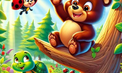 Benny the little brown bear, with soft, shiny fur, is perched at the top of a tall tree, his eyes sparkling with joy and a wide smile on his face. He raises a paw in victory, surrounded by vibrant green leaves and colorful flowers. Next to him, Lilly the ladybug, with her red wings dotted with black, joyfully flies around him, her eyes shining with excitement and a radiant smile on her small face. Below, Timmy the turtle, with his green shell and determined expression, claps his little paws in support of his friend. The scene takes place in the sunny Evergreen Woods, where sunlight filters through the branches, creating a play of shadows and light on the ground covered with wildflowers and lush foliage. Benny, Lilly, and Timmy are celebrating Benny's achievement of climbing the tall tree, illustrating the importance of friendship and equality, no matter who you are.