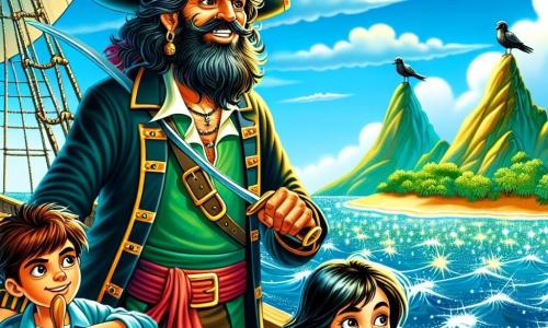 A weathered-faced pirate with a scruffy beard and a wide-brimmed hat stands proudly and determinedly on the deck of his ship, the Sea Serpent. His eyes sparkle with excitement as he scans the horizon for a mysterious island. Beside him, a 20-year-old first mate with black hair and piercing eyes concentrates on steering the ship, his serious expression revealing his experience. A little further away, a 16-year-old girl, the ship's lookout, perches atop the mast, her hair blowing in the wind as she curiously and adventurously surveys the horizon. The setting is a vast blue ocean, dotted with shimmering waves under the bright sun, with lush islands in the background shrouded in mysterious mist. The main scene shows the pirate and his crew on a quest, ready to discover legendary treasure, with an old map unfolded on the deck, revealing winding paths and intriguing symbols.