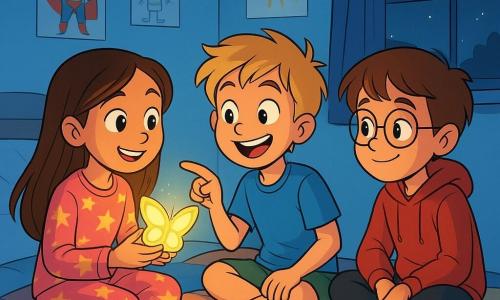 Er zijn 3 personages: Noor, een 9-jarig meisje met lange bruine haren en sprankelende ogen, in een roze pyjama met sterren, die een kleine vlinderlamp vasthoudt die haar gezicht zacht verlicht. Sam, een 10-jarige jongen met messy blond haar en een ondeugende glimlach, draagt een blauwe t-shirt en groene shorts, en staat naast Noor, enthousiast naar de lamp te wijzen. Joris, een 9-jarige jongen met ronde bril en kastanjebruine haren, in een rode sweatshirt en zwarte broek, zit met gekruiste benen op het bed en luistert aandachtig naar Noor en Sam. De scène speelt zich af in Noor's kamer, een warme ruimte met lichtblauwe muren, versierd met superheldenposters en kindertekeningen. Een groot bed met kleurrijke dekens staat in het midden, en speelgoed ligt verspreid over de vloer. Een raam laat een zachte maanlicht binnen, waardoor dansende schaduwen op de vloer ontstaan. Noor, Sam en Joris praten vrolijk over hun nachtelijke avontuur, omringd door het zachte licht van de vlinderlamp. Noor glimlacht, Sam maakt een enthousiaste gebaar en Joris luistert met glanzende ogen. De sfeer is zowel magisch als geruststellend, wat hun vriendschap en moed tegenover de angst voor het donker illustreert.