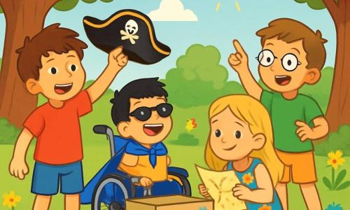 Hay 4 niños: - Marcos: un niño de 10 años, con cabello castaño y despeinado, lleva una camiseta roja y un pantalón corto azul. Está de pie, sonriendo, sosteniendo un sombrero de pirata en una mano. - Javier: un niño de 10 años, con cabello corto y negro, sentado en una silla de ruedas. Lleva una capa azul y gafas de sol. Se ríe alegremente mirando a Marcos. - Laura: una niña de 9 años, con cabello largo y rubio, lleva un vestido de flores coloridas. Está agachada cerca de un árbol, sosteniendo un trozo de papel que parece un viejo tesoro. - Sergio: un niño de 9 años, con cabello castaño y gafas, vestido con una camiseta verde. Está de pie junto a Laura, señalando al cielo con entusiasmo. El lugar es un parque verde, lleno de flores brillantes y árboles majestuosos. En el centro, hay una gran caja de cartón decorada con dibujos coloridos, rodeada de risas de niños. El sol brilla, proyectando sombras suaves sobre el césped. La situación principal muestra a los niños jugando juntos, disfrazados de piratas, buscando un tesoro escondido, rodeados de un ambiente alegre, con sonrisas brillantes y gestos entusiastas, ilustrando la magia de la amistad y la aventura.