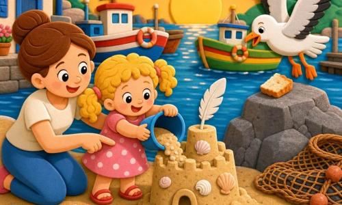 Bambina di 4 anni, gioiosa e concentrata, capelli biondi ricci raccolti in codini, vestito rosa a pois bianchi, sandali rossi, tiene un piccolo secchio blu e versa sabbia umida per costruire un castello; la mamma (circa 30 anni), sorridente, carnagione chiara, capelli castani raccolti in chignon, inginocchiata accanto a lei la guida indicando il secchio e tenendole la mano; un gabbiano stilizzato vola con le ali spiegate sopra il castello pronto a prendere un pezzetto di pane su una roccia vicina; porto soleggiato con barche colorate, reti da pesca marroni, scogli grigi, mare blu scintillante e sabbia beige umida con piccole conchiglie, il castello è solido e decorato con conchiglie e una piuma come bandiera, mamma la incoraggia, luce calda del tramonto, toni morbidi e contrastati, forme semplici e bordi arrotondati, texture in EVA visibili.