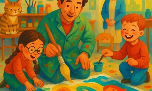 A warm-smiling Leo with curly brown hair and a paint-stained artist jacket holds a large brush loaded with bright yellow, painting waves and faces on a big sheet on the floor; an amazed 8-year-old girl with round glasses and a brown braid kneels left, mixing blue and green with her fingers; a laughing 7-year-old redheaded freckled boy stands right holding a small water pot and tilting a brush; Miss Parker, a blonde-haired teacher in a bun, stands behind with a gentle smile and clasped hands encouraging the children; a striped orange-and-gray tabby named Picasso with a paint-smudged paw sits on a nearby chair; the bright classroom has large windows, colorful posters, wooden shelves of paint jars, brushes and chalk, and a paint-splattered drop cloth on the floor; the group is doing a collective painting on the floor with vivid lemon yellow, cobalt blue, emerald green and carmine red, lively gestures, joyful splashes and an atmosphere of sharing and creation.