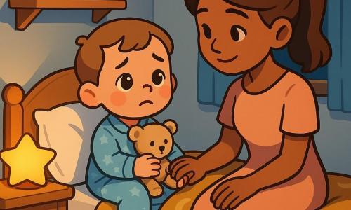 A 2-year-old boy with a round face and rosy cheeks, large moist eyes and a slightly worried but reassured expression, wearing light-blue starry pajamas and clutching a small beige teddy bear, sits on a bed; his mother (about 30) with chestnut hair in a ponytail, a gentle smile and kind eyes, in a pastel comfortable dress, sits at the right edge holding his hand. The bed has a mustard duvet with moon patterns, a white pillow and a star-shaped nightlight on the left nightstand; the warm bedroom has pale blue walls, a light-wood shelf with colorful toys (red toy car, red ball) and a sheer curtain showing a round moon outside. Main scene: bedtime as the mother comforts the boy, soft orange nightlight glow, gentle shadows and a calm, secure atmosphere.