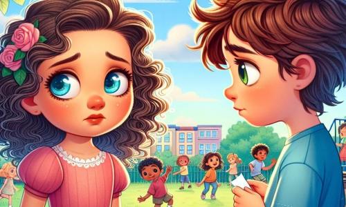 An 8-year-old girl, Mia, with curly hair and a pink dress, stands in the center of the playground, her face marked by slight sadness and her eyes shining with uncertainty. Next to her, an 8-year-old boy, Finn, with messy brown hair and a blue t-shirt, looks at Mia with a sorry expression, holding a small piece of paper in his hand. In the background, children play ball, laughing under a clear blue sky, while a large tree with green leaves provides shade. The scene depicts Mia and Finn discussing, illustrating a moment of reconciliation, as Mia appears hesitant yet curious, and Finn seems to want to apologize.