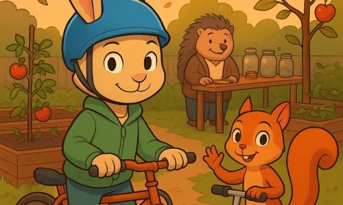 Milo, a young anthropomorphic rabbit with long ears and soft beige fur, looks confident yet slightly shy as he steps off his rusty shiny metal bike to lock it at the rack under a peach sky; Nora, a young red-furred squirrel with bright eyes, grins mischievously holding her scooter at Milo's right, while Mr. Pebble, a round kind hedgehog teacher, stands by a table with jars and gardening tools in a school garden at dusk—raised wooden beds, staked tomato plants, a small apple tree, a wooden compost bin, a 