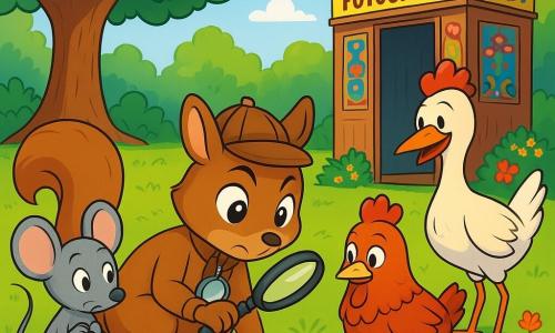 Titi, un mic veverițoi detectiv, este în centrul imaginii, cu un aer curios și hotărât. Are un blănișor maro deschis, ochi strălucitori și o lupă agățată de gât. Este așezat în genunchi, examinând urme în iarbă cu o expresie concentrată. Lângă el, Sisi, o mică șoarece gri cu urechi mari și un zâmbet îngrijorat, observă urmele cu atenție. Ea stă pe picioarele din spate, pregătită să-și ajute prietenul detectiv. Mai departe, Gogo, o găină roșie cu pene strălucitoare, se uită cu o expresie vinovată, în timp ce Raluca, o rață albă cu un aer amuzat, stă lângă ea, râzând de situație. Decorul este un parc însorit, plin de copaci verzi și flori colorate. În fundal, un stejar mare și măreț se înalță, cu o veche cabină foto din lemn lângă, unde culorile vii și modelele amuzante atrag privirea. Scena arată cum Titi și Sisi încearcă să rezolve misterul băncii dispărute, cu urme de pași și pene împrăștiate în jurul lor, creând o atmosferă de aventură și curiozitate.