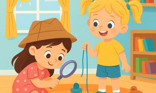 Há 2 personagens principais: Ana, uma menina de 3 anos com longos cabelos castanhos e olhos brilhantes, vestindo um vestido rosa com bolinhas brancas e um chapéu de detetive de papelão, agachada com uma lupa de plástico, observando atentamente o chão; e Lia, também de 3 anos, com cabelos loiros em tranças e olhos azuis, vestindo uma camiseta amarela e um short jeans, em pé ao lado de Ana, segurando um fio de lã azul e sorrindo com entusiasmo. A cena acontece em um quarto infantil colorido, com um grande tapete macio, brinquedos espalhados pelo chão, paredes pintadas de azul claro e prateleiras cheias de livros com capas vibrantes. Ana e Lia estão em uma investigação para encontrar seu ursinho de pelúcia perdido, examinando o chão com expressões concentradas e alegres, prontas para resolver o mistério juntas.