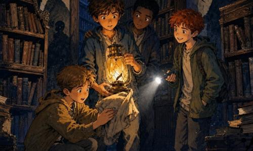 Quatro meninos de 12 anos — Miguel, cabelos castanhos desgrenhados, curioso, à esquerda segurando um photóforo de vidro amarelo‑laranja reparado; Tomás, cabelos pretos curtos e cauteloso, com a mão no ombro de Miguel, logo atrás e à direita; Rui, ruivo e sorridente, segurando uma pequena lanterna branca à direita; e Bento, loiro acinzentado e brincalhão, agachado à frente envolvendo o photóforo num pano — estão numa velha biblioteca à noite, com estantes de madeira escura, livros de capas rachadas, poeira visível nos feixes de luz, uma estante aberta como porta atrás deles e chão de pedra com páginas espalhadas em tons de azul‑tinta, ocre e cinza; a luz quente do photóforo ilumina seus rostos e projeta sombras longas e estranhas nas paredes, formas como personagens e vírgulas vivas, criando uma atmosfera misteriosa e ligeiramente inquietante, em traços finos de tinta e lavis coloridos, contraste marcado e tom de conto assustador adequado às crianças.