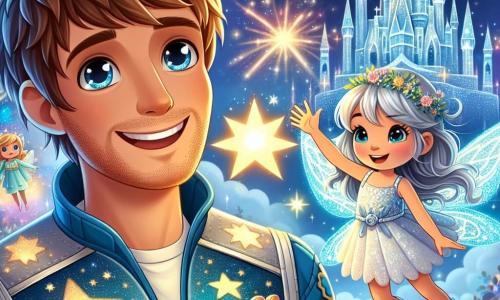 A man named Leo, in his thirties, stands with a big smile on his face, his eyes shining with excitement. He has messy brown hair and is wearing a blue spacesuit adorned with sparkling star patterns. Leo is holding a shining star in his hands, gazing in wonder at the magic around him. Next to him is a small fairy named Luna, about 8 years old, flying with sparkling wings. She has long silver hair and wears a light dress made of flower petals. Luna joyfully smiles, arms raised as if inviting everyone to celebrate. Their environment is the Castle of Stars, a magnificent palace floating in space, made of shimmering light and colorful clouds. Bright stars dance around the castle, creating a fairy-tale and magical atmosphere. The scene depicts Leo and Luna celebrating the magic of stars, surrounded by joyful galactic creatures dancing and singing, while the stars twinkle intensely in the sky, illuminating the landscape with a brilliant glow.