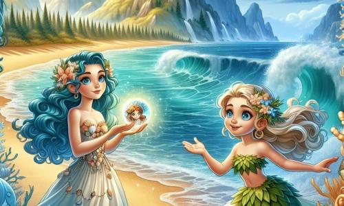 Thalassa, een jonge vrouw met lange golvende azuurblauwe haren, staat aan de rand van een glinsterende zee, haar gezicht verlicht door een uitdrukking van vastberadenheid en nieuwsgierigheid. Ze draagt een lichte jurk gemaakt van schelpen en zeewier, die lijkt te dansen met de wind, en ze houdt een glanzende amulet in haar hand, die een zachte gloed uitstraalt. Naast haar staat Kalliroë, een mooie nimf met groene haren als de bladeren van een boom, die Thalassa aanmoedigend aankijkt. Ze is ongeveer 20 jaar oud en draagt een jurk van bloemblaadjes, die gracieus om haar heen zweeft, terwijl ze haar hand naar de zee uitsteekt, alsof ze uitnodigt om in het onbekende te duiken. De plaats is een magisch strand, waar het gouden zand de turquoise golven ontmoet, en kleurrijke koralen oprijzen uit het heldere water. Op de achtergrond wiegen palmbomen zachtjes in de bries, en majestueuze bergen rijzen op, omhuld in mist. De hoofdscène toont Thalassa die zich voorbereidt om in de oceaan te duiken, vastbesloten om de geheimen van Atlantis te ontdekken, terwijl Kalliroë haar aanmoedigt met een uitdrukking vol vertrouwen en vriendschap.