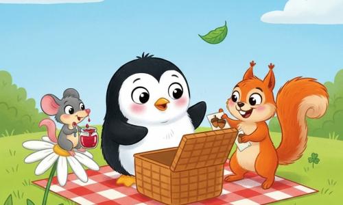 Pico, a small round fluffy black-and-white penguin with a surprised, slightly embarrassed expression, holds an open empty wicker picnic basket and looks inside; Zippy, a bright red squirrel with a bushy tail, stands on one paw to the right, grinning mischievously and waving a small napkin with acorns on it; Mina, a little gray mouse with pink ears and a pointy nose, sits on a large daisy holding a tiny spoon and a jar of sticky red jam; in Bumbleberry Park—a sunny grassy hill dotted with daisies and clover under a pale blue sky with a few fluffy clouds—the friends are gathered on a red-and-white checkered blanket around the empty basket, laughing and preparing an improvised picnic, creating a joyful warm atmosphere.
