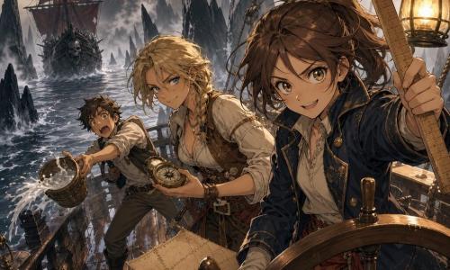 Captain Mara Quill, woman with a determined smiling face, hazel eyes and brown ponytail, wearing a worn dark navy captain's coat and holding a long wooden rule at the helm, confident and focused; Saff, a ~28-year-old female navigator with a loose blond braid and a mischievous look, holding a stitched map and compass beside Mara, leaning toward the sea; Jory, a ~14-year-old boy, smaller with tousled hair and an amazed, enthusiastic expression, mid-deck throwing a bucket of whitish liquid (oil+chalk) forward; background: the enemy brigantine “Red Lantern” as a menacing silhouette—large dark ship with a skull figurehead and red pennant aft-left; setting: the varnished wooden deck of the sloop “The Swift Moth” with ropes and hanging oil lanterns, a silver sea dotted with sharp black rock pillars and a creamy white fog wall; main situation: tense approach to a volcanic island as Mara guides the ship through a narrow passage between black rock teeth, warm lantern light cutting the fog, water splashing, dynamic adventurous atmosphere.