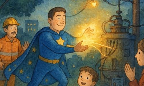 A smiling, focused round-faced superhero with kind eyes in a shiny blue costume and starry cape, short brown hair, sends a warm golden beam from his hands to magically mend broken electrical wires at a rusty park substation at night; a relieved ~40-year-old male worker in a yellow helmet and orange suit holds a toolbox left of the hero, a ~30-year-old female worker with tied-back hair and a lit headlamp gently applauds by an open control panel to the right, a mother holds her ~8-year-old son in a blue coat watching from the sidewalk, a small red squirrel clutches an acorn on a low branch nearby, minimal sparks and floating firefly-drones surround them while the city lights begin to glow; granular watercolor style, soft yet contrasting colors (midnight blue, warm gold, orange), delicate lines and visible paper texture.
