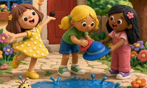 Three girls, about five years old: Mia (short brown bob, black round eyes like modeling clay, yellow polka-dot dress) stands left on tiptoe singing and twirling her arms; Zoe (blonde pigtails, orange freckles, green T‑shirt and blue shorts) is center, leaning forward wiping a blue hat with a small red towel; Ava (long black hair, big smile, pink overalls) is right, holding the hat with both hands and gently pulling to share it. They are in a sunny courtyard with light paving, a large shiny puddle in the center, frayed green grass, a few stylized flowers and a house with a red door in the background; soft shadows and visible pressed-clay textures. A big blue pompom hat falls into the puddle, water splashing in round shiny droplets; the three girls laugh, reach out to dry and share the hat, and a small smiling insect on the puddle’s edge tickles them. The scene is colorful, with rounded shapes, modeled textures and exaggerated joyful expressions.