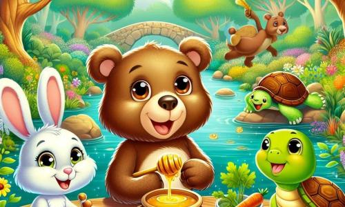 Un piccolo orso marrone, con un pelliccia morbida e occhi brillanti come stelle, sorride meravigliato mentre tiene un barattolo di miele. Si trova al centro della scena, circondato dai suoi amici, esprimendo una gioia contagiosa. Alla sua destra, un piccolo coniglio bianco con grandi orecchie, con un'aria vivace, salta allegramente mentre tiene una carota. A sinistra, una tartaruga con un guscio verde e lucente, con uno sguardo saggio e amichevole, sorride dolcemente mentre tiene un piccolo piatto di zuppa d'erbe. La scena si svolge in una foresta lussureggiante, piena di alberi maestosi con foglie verdi brillanti, fiori colorati che danzano al vento e un ruscello scintillante che serpeggia nel paesaggio. Gli animali celebrano una grande festa della diversità, riunendosi attorno a un tavolo di legno decorato con piatti colorati, condividendo storie e risate, in un'atmosfera calda e conviviale.