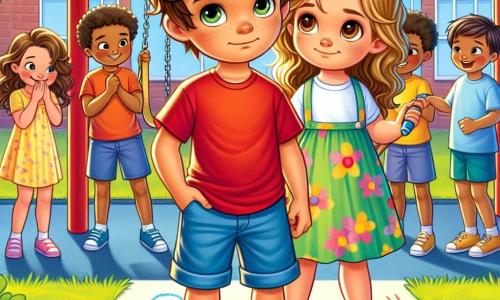 A 6-year-old boy named Tommy, with messy brown hair and sparkling determined eyes, stands in the center of the image. He wears a bright red t-shirt and blue shorts, displaying an expression of courage and compassion on his face. Next to him, a 6-year-old girl, Lily, has curly golden hair and wears a colorful floral dress. She stands slightly back, her eyes shining with gratitude and a shy smile on her lips. The setting is a sunny schoolyard with swings and a sandbox in the background. Green trees line the area, and colorful drawings are visible on the ground. The main situation shows Tommy approaching Lily, ready to defend her against children mocking her in the distance. The atmosphere is tense yet hopeful as Tommy shows his determination to be a good friend and stand up against bullying.