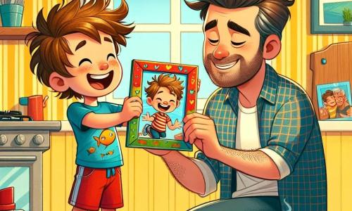 Um menino de 8 anos, com cabelo castanho bagunçado e um grande sorriso, está estendendo um porta-retratos colorido para seu pai. Ele usa uma camiseta azul com um desenho de peixe e um short vermelho. Seu rosto expressa grande excitação e orgulho. Ao lado dele, seu pai, um homem na casa dos trinta anos com cabelo castanho e uma leve barba, observa o porta-retratos com admiração. Ele veste uma camisa xadrez e uma calça jeans, e está agachado, pronto para abraçar seu filho em agradecimento. A cena ocorre em uma cozinha ensolarada, com paredes amarelas e janelas abertas que deixam entrar a luz da manhã. Na mesa, há um café da manhã cuidadosamente preparado, com pratos coloridos e xícaras de café. A situação principal mostra o momento tocante em que o menino oferece seu presente feito à mão ao pai, ilustrando o amor e a cumplicidade entre eles durante o Dia dos Pais.
