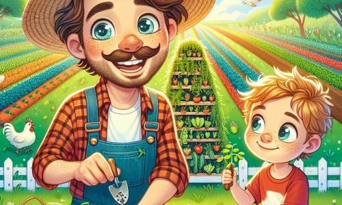A man named Farmer Beniel, smiling and cheerful, wears a large straw hat and a plaid shirt. He has slightly tousled brown hair and sparkling curious eyes. He is planting seeds in a vertical garden, surrounded by colorful pots, with an excited expression on his face. Next to him, Leo, an 8-year-old boy with freckles and messy blonde hair, watches attentively. He wears a red t-shirt and denim shorts, holding a small pot of soil in his hands, ready to help Farmer Beniel. The setting is a brightly lit farm, with lush green fields stretching as far as the eye can see. Rows of colorful vegetables, chickens pecking at the ground, and a blue sky dotted with white clouds create a joyful and vibrant atmosphere. The main scene shows Farmer Beniel and Leo working together to plant seeds in a vertical garden, symbolizing learning and discovering new farming methods. The two characters share a moment of companionship and joy, surrounded by the beauty of nature.