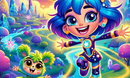 Zara, a young woman with bright blue hair, joyfully floats in the air, a big smile lighting up her face. She wears a sparkling spacesuit adorned with stars and galactic patterns, and her eyes shine with excitement as she casts magical light bursts at the pirate ships. Beside her, Pippin, a small being with large ears and round eyes, dances energetically. He has fluffy green fur and a spiral-shaped tail, ready to cast a spell with his sparkling wand, hovering slightly above the ground. In the background, the landscape of Wonder Planet stretches out, with shimmering crystal hills and colorful light rivers winding through multicolored leaf trees. The sky is filled with cottony clouds resembling cotton candy, creating a magical atmosphere. The scene depicts the moment when Zara and Pippin join forces to defend the planet against the Shadow Raiders, casting brilliant spells in a joyful and colorful battle full of energy and adventure.