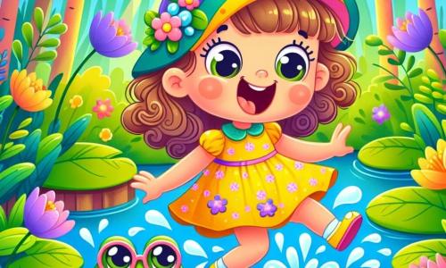 Una niña de 2 años, Lila, con grandes ojos brillantes y cabello rizado, lleva un vestido amarillo brillante. Salta alegremente en un charco de barro, salpicando agua a su alrededor con una gran sonrisa en su rostro. A su lado, una rana verde con un gran sombrero colorido, que parece divertida por los saltos de Lila, se encuentra sobre una hoja de nenúfar. Ella mira a Lila con ojos redondos y una sonrisa traviesa. Un pez con gafas redondas, que nada cerca de la superficie del agua, observa la escena con curiosidad, sus escamas brillando al sol. El lugar es un bonito estanque rodeado de flores coloridas y grandes árboles, con rayos de sol filtrándose a través de las hojas, creando una atmósfera mágica y alegre. La situación principal muestra a Lila saltando en el agua, salpicando a su alrededor, mientras la rana y el pez la animan a divertirse y bailar, creando un ambiente festivo y lúdico.