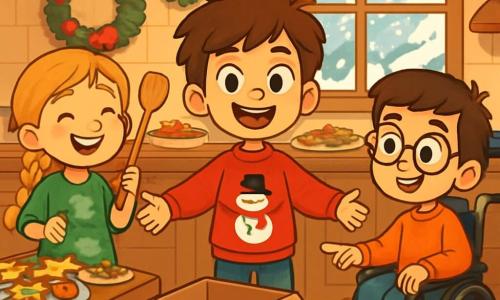 Há 3 personagens: - Lucas: um menino de 8 anos, com cabelo castanho bagunçado e olhos brilhantes de curiosidade. Ele usa um suéter vermelho com um boneco de neve e está no centro, com os braços abertos, como se estivesse pronto para uma aventura. - Clara: uma menina de 7 anos, com longos cabelos loiros trançados e um sorriso radiante. Ela veste um vestido verde com padrões de árvores de Natal e está à esquerda de Lucas, segurando uma espátula de madeira, pronta para fazer biscoitos. - Miguel: um menino de 9 anos, com cabelo castanho e óculos redondos. Ele está em uma cadeira de rodas decorada com luzes pisca-pisca, à direita de Lucas, apontando para um rastro de purpurina brilhante no chão. O cenário é uma aconchegante cozinha de casa, decorada para o Natal. Luzes coloridas adornam as paredes, e uma grande mesa de madeira está cheia de pratos de biscoitos natalinos, frutas e decorações festivas. Uma grande janela deixa entrar a suave luz da manhã, iluminando os flocos de neve que caem do lado de fora. A cena principal mostra as três crianças se preparando para pegar o Lutin Farceur. Elas estão animadas e concentradas, com olhos brilhantes de expectativa, enquanto uma caixa de papelão está no centro da cozinha, pronta para ser usada como armadilha. Fragmentos de purpurina brilham no chão, testemunhando a passagem do duende, acrescentando um toque de magia a esta cena festiva.