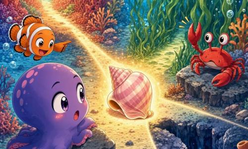 Nino, um pequeno polvo redondo e fofo de pele violeta com tons rosados, observa uma concha listrada mel e rosa que brilha com luz quente e libera bolhas; um peixe-palhaço laranja e branco nada em círculos à sua esquerda apontando com a nadadeira, um caranguejo de carapaça vermelha vigia à direita levantando a pinça, e ao fundo um leito arenoso, cavidades rochosas, um túnel de coral vermelho‑alaranjado e um campo de algas verdes; diante da concha abrem-se três caminhos — o túnel de coral luminoso, o campo de algas ondulantes e uma fenda escura entre rochas — luz suave, cores saturadas, atmosfera mágica e segura.