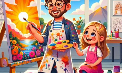 Um homem, Miguel, está no centro da imagem, com cabelos castanhos e óculos redondos. Ele usa um avental de pintor colorido, cheio de manchas de tinta, e exibe um grande sorriso de alegria e criatividade. Ele está pintando um lindo pôr do sol em uma tela, usando cores vibrantes como vermelho, laranja e amarelo. Ao seu lado, uma menina chamada Sofia, com cerca de 8 anos, tem cabelos loiros e olhos brilhantes. Ela usa um vestido rosa e segura um pincel na mão, pintando uma grande flor colorida em uma tela menor, com um ar concentrado e feliz. O local é um ateliê iluminado, cheio de telas brancas, potes de tinta vibrantes e pincéis espalhados. Grandes janelas deixam entrar a luz do sol, iluminando as paredes cobertas de desenhos e esboços. A cena principal mostra Miguel e Sofia, imersos em sua atividade artística, compartilhando risadas e conselhos, cercados por uma explosão de cores e criatividade, ilustrando a magia da arte e da amizade.