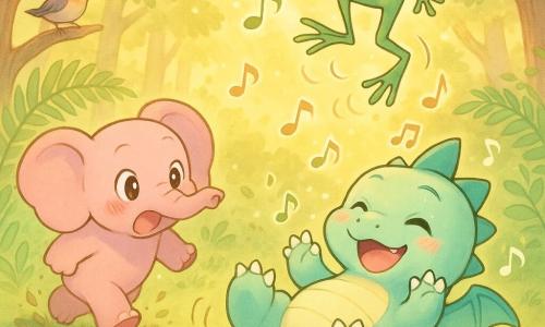 Cocolino, un mic dragon rotund și pufos, cu solzi verde pastel și burtă galben pal, zâmbet ștrengăresc, întins pe spate râzând cu ochii sclipind și lăbuțele în aer; Elefănțel Roz, un pui de elefant roz, trompă lungă și supla, surprins și vesel, se poticnește peste o rădăcină și se prăvălește spre Cocolino cu frunze ridicându-se; Broscuțel Săltăreț, o broscuță verde cu picioare elastice, sare comic și pune o laba pe coada dragonului, cu micuțe onduleuri 