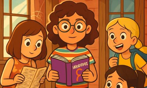 Há 4 crianças: - Clara: uma menina de 12 anos com cabelos cacheados castanhos, usando óculos redondos e uma camiseta listrada colorida. Ela segura um livro de mistérios nas mãos e está no centro, com uma expressão determinada. - Sofia: uma menina de 12 anos com cabelos loiros trançados, vestindo um short jeans e uma camiseta amarela vibrante. Ela está um pouco à frente, sorrindo e pronta para a aventura. - Júlia: uma menina de 12 anos com cabelos lisos castanhos, usando um vestido florido e tênis. Ela está à esquerda de Clara, examinando um velho jornal com curiosidade. - Teresa: uma menina de 12 anos com cabelos pretos presos em um rabo de cavalo, sentada em uma cadeira de rodas, usando um moletom azul. Ela está à direita de Clara, segurando uma lanterna e observando atentamente o grupo. O local da cena principal é um velho alpendre de madeira, com paredes de tijolos vermelhos e janelas empoeiradas. Teias de aranha pendem nos cantos, e livros antigos estão espalhados sobre uma mesa de madeira desgastada. A luz do sol filtra pelas janelas, criando uma atmosfera misteriosa e intrigante. A cena principal da história mostra os quatro amigos descobrindo um velho jornal no Pórtico dos Segredos, com expressões de empolgação e curiosidade em seus rostos, prontos para desvendar o mistério que os cerca.