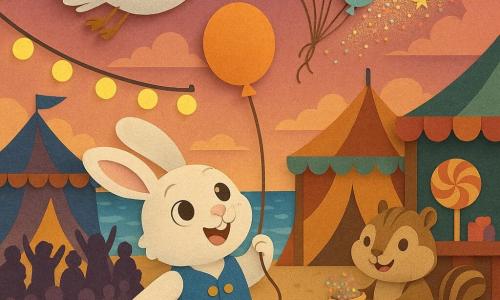 Main character: a small fluffy white anthropomorphic rabbit with round mischievous eyes, wearing a small blue vest with gold buttons, joyfully holding a balloon string and looking up; secondary: a gray-and-white anthropomorphic seagull with spread wings and a proud focused expression flying above as several colorful balloons rise and burst into confetti and glitter; secondary: a brown striped chipmunk smiling beside the rabbit at a candy stall, holding a pouch of sparkling confetti; setting: a seaside village beach at dusk with paper-cut carnival tents, garlands and lanterns, sand dunes, a gleaming ocean and a pink-orange sky; scene: multicolored balloons ascend and explode into confetti over an amazed crowd in a warm, festive atmosphere.