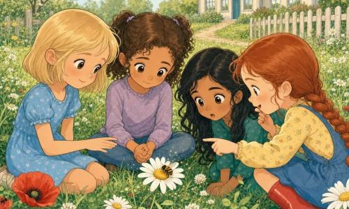 Er zijn vier meisjes: Noor (8) met bruin krullend haar in twee staartjes, bruine ogen, zittend in het midden op het gras met gevouwen handen, beschermend kijkend naar het bijtje op de bloem; Evi (8) met kort blond haar en een blauwe jurk, links van Noor zittend, voorzichtig hand uitstrekkend zonder de bloem te raken, zachte glimlach; Samira (9) met een getinte huid en los zwart lang haar, rechts van Noor zittend, voorover gebogen en met grote ogen het vliegen van de bij observerend; Lotte (8) met rood haar in een vlecht en rode laarzen, knielend voor Noor, dicht bij de margriet en fluisterend terwijl ze met haar vinger naar de bij wijst. Locatie: een lentegroen weiland bij een kleine school met weelderig gras, witte madeliefjes, klaver, enkele rode klaprozen, een aarden pad, een licht geschilderde houten afscheiding en de school op de achtergrond onder een bleekblauwe lucht met zachte wolken en diffuus zonlicht. Hoofdsituatie: de vier meisjes kijken aandachtig naar een geel-zwart bijtje op een grote witte margriet; rustige, warme sfeer in pastelkleuren, ronde lijnen, gedetailleerde blaadjes en bloemblaadjes, focus op bloem en bij met kleine pollenvonken.