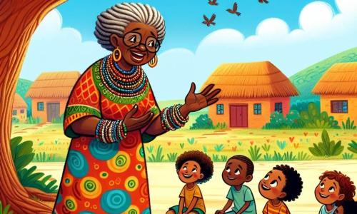 Amina, eine reife afrikanische Frau, steht unter einer großen Eiche und lächelt warmherzig. Sie trägt ein buntes Kleid mit traditionellen Mustern und glänzende Perlenarmbänder. Ihre Augen strahlen Weisheit und Empathie aus, während sie mit den Kindern um sie herum spricht. Kofi, ein etwa 8-jähriger Junge, sitzt zu ihren Füßen, voller Staunen. Er hat lockige Haare und trägt ein einfaches T-Shirt und Shorts. Er sieht Amina bewundernd an, bereit, ihren Rat anzunehmen. Der Ort ist ein farbenfrohes afrikanisches Dorf mit Lehmhäusern und grünen Feldern am Horizont. Der Himmel ist blau mit einigen weißen Wolken, und Vögel fliegen fröhlich um den Baum. Amina erklärt den Dorfbewohnern, wie man ein Lied zum Regenrufen singt, während Kinder und Erwachsene um sie versammelt sind, bereit, an dieser schönen Tradition teilzunehmen.