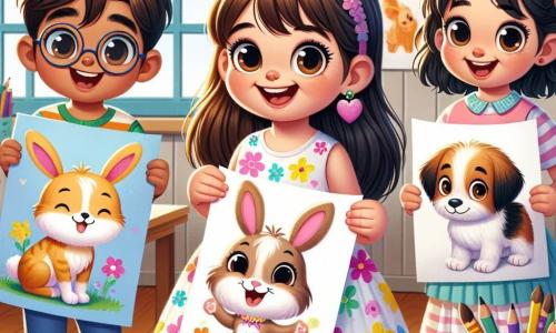 Una niña de 4 años, llamada Sofía, con largos cabellos castaños y ojos brillantes, sonríe alegremente mientras sostiene una gran hoja de papel en la que ha dibujado un adorable conejito. Lleva un vestido colorido con motivos de flores y está en el centro de la escena, llena de entusiasmo. A su derecha, Tomás, un niño de 4 años con cabello rubio despeinado y gafas redondas, muestra orgullosamente su dibujo de un gran perro, con una mirada de orgullo. A la izquierda, Valeria, otra niña de 4 años con cabello negro trenzado y un vestido rosa, pinta un lindo gato, concentrada y sonriente. La escena tiene lugar en un aula luminosa, con paredes decoradas con dibujos de animales y colores vivos. Las mesas de madera están cubiertas de lápices, marcadores y hojas de papel. La situación principal muestra a los tres niños trabajando juntos en sus proyectos de animales, intercambiando ideas y riendo, rodeados de una atmósfera alegre y creativa, mientras la maestra los observa con una sonrisa benevolente.