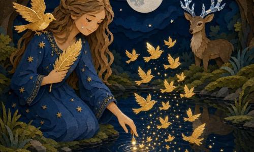 Lía, sonriente y maravillada, de cabello largo castaño claro ondulado y vestido azul noche bordado de estrellas, sostiene una pluma dorada junto al pecho; un pajarito dorado se posa en su hombro derecho con las alas entreabiertas y mirada traviesa; detrás, a pocos pasos, un ciervo silencioso de ojos grandes y cobrizos con astas translúcidas como cristal la observa. Todo ocurre junto a un lago espejo de agua negra que refleja la luna plateada, orillas cubiertas de musgo verde y árboles con ramas arqueadas iluminadas por filamentos de luz; Lía deposita una lágrima de gratitud en el agua que desata una lluvia de pájaros dorados, ambiente feérico en tonos azules profundos, dorados cálidos y verdes musgosos, con texturas de papel recortado nítidas y contrastadas.