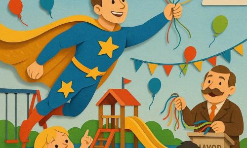 A smiling, determined superhero in a shiny blue costume with large yellow stars and a sparkling cape, short brown hair, gently catching colorful balloons in flight in a dynamic flying pose with a joyful, confident expression; foreground left a 6-year-old girl with blonde pigtails in a red polka-dot dress points up laughing; foreground right an 8-year-old boy with short black hair in a green t-shirt watches in awe and applauds near a slide; in the background the mayor, about 50 with a large mustache in a brown suit, smiles holding colorful ribbons near a platform; a new colorful playground with swings, a yellow slide, small wooden playhouse, blue-green rubber surface, bunting and floating balloons under a clear sky with soft clouds; main action: the superhero retrieves multicolored balloons carried by the wind, with bright colors, cutout shapes, soft shadows and visible paper textures.