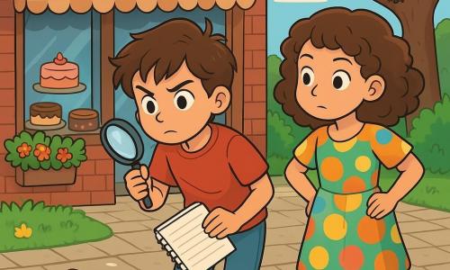 Tommaso, un ragazzo di dieci anni con i capelli castani in disordine e gli occhi pieni di curiosità, si trova al centro dell'immagine, tenendo un quaderno in una mano e una piccola lente d'ingrandimento nell'altra, con un'espressione determinata sul volto. Alla sua destra, Matilde, una ragazza della sua età con capelli ricci e un vestito colorato, osserva attentamente l'ambiente, con le mani sui fianchi, pronta ad aiutarlo nella sua indagine. Sullo sfondo si vede la pasticceria del villaggio, con la facciata in mattoni rossi, finestre decorate con tende a fiori e una grande vetrina piena di deliziosi dolci. La situazione principale mostra Tommaso e Matilde mentre esaminano delle tracce di zucchero sul pavimento, circondati da alcune piume colorate, mentre un gruppo di piccoli uccelli curiosi li osserva da un albero vicino. L'atmosfera è intrigante e gioiosa, piena di mistero e avventura.