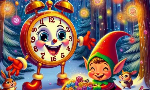 Tic-Tac, un orologio a cucù colorato con un volto sorridente e occhi scintillanti, si trova al centro della scena, con le braccia aperte, traboccante di gioia ed entusiasmo mentre scopre un mondo incantato. Accanto a lui, Fiocco, un elfo birichino con un cappello rosso a punta e orecchie a punta, ride di felicità, tenendo un sacco pieno di regali luccicanti, pronto a distribuirli agli animali del bosco. Il decor è una foresta magica, dove gli alberi sono coperti di neve scintillante e luci colorate danzano tra i rami, creando un'atmosfera fiabesca, mentre fiocchi di neve cadono dolcemente dal cielo. La scena mostra Tic-Tac e Fiocco mentre distribuiscono regali agli animali felici, come conigli e scoiattoli, che si radunano attorno a loro, con gli occhi brillanti di meraviglia e gratitudine, celebrando insieme la magia del Natale.