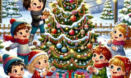En un jardín nevado, cinco niños están reunidos alrededor de un gran árbol de Navidad decorado con guirnaldas coloridas y bolas brillantes. Lucas, un niño de 8 años con cabello castaño y ojos brillantes, sonríe mientras sostiene una estrella dorada que está a punto de colocar en la cima del árbol. Valeria, una niña de 7 años con cabello rubio y rizado, ríe mientras sostiene guirnaldas de papel. Pablo, un niño de 9 años con gafas y cabello negro, está sentado en la nieve decorando galletas de Navidad. Clara, una niña de 8 años con cabello pelirrojo y una bufanda roja, se divierte lanzando bolas de nieve. Finalmente, Sofía, una niña de 6 años con trenzas y un gorro navideño, observa maravillada las decoraciones. El jardín está cubierto de un espeso manto de nieve brillante, y los copos caen suavemente del cielo, creando una atmósfera mágica. Los niños, unidos por el espíritu navideño, están listos para cantar villancicos alrededor del árbol, llenos de alegría y emoción, mientras luces brillantes iluminan la escena.
