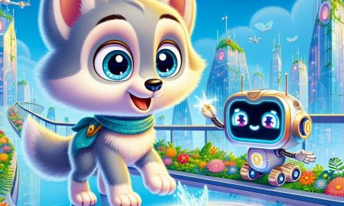 Un pequeño lobo llamado Lino, con un pelaje suave y sedoso de color gris claro, se encuentra en una pasarela de vidrio, con los ojos brillantes de emoción y curiosidad. Observa un holograma luminoso que ha dibujado con una pluma mágica, con las orejas puntiagudas levantadas, mostrando su entusiasmo. A su lado, el robot del vecindario, el Señor Píxel, es un pequeño robot de formas redondeadas, con un caparazón de metal pulido y una pantalla que muestra una cara sonriente. Observa atentamente el dibujo de Lino, con sus ojos luminosos brillando de admiración e interés. El decorado es una ciudad futurista, con edificios de vidrio brillante, jardines exuberantes en los techos y pasarelas aéreas rodeadas de flores coloridas. El cielo es de un azul brillante, salpicado de drones que vuelan suavemente, añadiendo un toque de magia al entorno. La escena muestra a Lino y al Señor Píxel colaborando para crear un plan de vuelo para los drones, rodeados de luces suaves y la belleza de la naturaleza, simbolizando la armonía entre la tecnología y la ecología.
