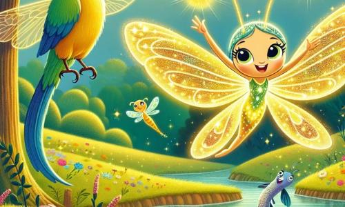 Al centro dell'immagine, Lila, una piccola lucciola dalle ali scintillanti, irradia gioia. Ha un corpo delicato e luminoso, con una luce dorata che illumina il suo viso sorridente. Vola con grazia sopra una bella radura, circondata da fiori colorati. A destra, Pipo, un pappagallo dalle piume blu, verdi e gialle, batte le ali con entusiasmo. Il suo sguardo scintillante mostra la sua eccitazione mentre si trova su un ramo, pronto a volare accanto a Lila. A sinistra, Filo, un pesce dalle squame argentate, nuota in un ruscello che attraversa la radura, saltando fuori dall'acqua per salutare i suoi amici. Il luogo è una radura incantata, bagnata da una luce dorata e circondata da alberi maestosi e un ruscello scintillante. La scena principale mostra Lila e i suoi amici celebrare la loro diversità in un'atmosfera gioiosa e amichevole, condividendo storie e origini, creando un momento di felicità e unità.