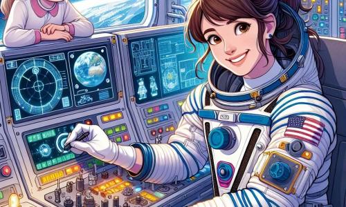 Im Zentrum des Bildes ist die Astronautin Dr. Lena Müller zu sehen. Sie ist eine Frau in den Dreißigern mit braunen Haaren, die zu einem Pferdeschwanz gebunden sind, und trägt einen weißen und silbernen Raumanzug. Ihr Gesicht drückt große Entschlossenheit und fröhliche Neugier aus, während sie einen Sensor im Kontrollraum der Raumstation justiert. Neben ihr ist Mia, ein etwa 10-jähriges Mädchen mit blonden Haaren und runden Brillen, die die Astronautin bewundernd anblickt und ein kleines Werkzeug in den Händen hält, bereit zu helfen. Die Szene spielt im Kontrollraum der Raumstation, der mit leuchtenden Armaturen, Bildschirmen mit Daten und Fenstern, die einen spektakulären Blick auf die blaue Erde darunter und die funkelnden Sterne bieten, gefüllt ist. Die Hauptsituation zeigt Lena und Mia, die zusammenarbeiten, um einen defekten Sensor zu reparieren, was die Bedeutung von Zusammenarbeit und Freundschaft in der Weltraumforschung symbolisiert.