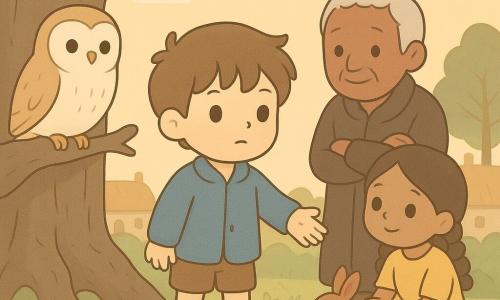 Tom Thumb (boy) stands center, determined and dreamy with bright round eyes, brown tousled hair, a blue linen jacket and worn leather boots, reaching toward a group of animals as an invitation to union. A cream-and-chestnut owl perches on a low branch to the left, wise-eyed and watching him. An elderly villager (about 60) stands to the right, lined but softened face, dark coat, arms relaxed as he begins to smile, slightly behind the boy. A village girl (about 8) crouches nearby in a simple yellow dress with braided hair, marveling as she holds a tiny ant on her palm. The scene is at the base of an ancient oak with gnarled roots in a dusk clearing of green grass, glowing mosses and small red mushrooms, thatched-roof village visible in the background. The main situation is a peaceful, warm gathering where Tom Thumb offers union between villagers and forest creatures; soft pastel colors (blues, greens, ochres), golden twilight light, simple composition, rounded forms, atmosphere of trust and harmony.