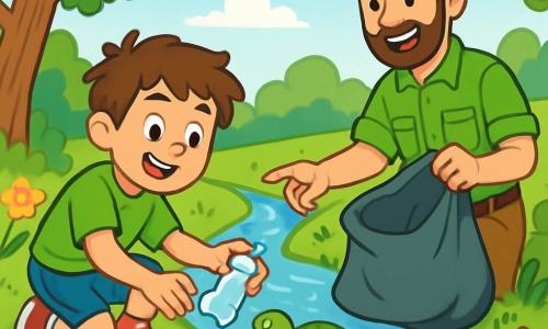 Un ragazzo di 8 anni, di nome Luca, con capelli castani disordinati e occhi pieni di curiosità, è accovacciato vicino a un ruscello scintillante. Indossa una maglietta verde brillante e pantaloni corti di jeans, e il suo viso esprime una gioia contagiosa mentre raccoglie rifiuti con un grande sorriso. Accanto a lui, un ranger della natura, un uomo di circa trent'anni con una barba ben curata e un cappello verde, sorride mentre tiene un sacco per la raccolta. Si tiene leggermente indietro, incoraggiando Luca e mostrandogli un gruppo di tartarughe che nuotano pacificamente nell'acqua chiara. Il luogo è una magnifica riserva naturale, con grandi alberi dalle foglie lussureggianti, fiori colorati lungo il ruscello e un cielo blu punteggiato di nuvole bianche e soffici. La scena principale mostra Luca e il ranger mentre raccolgono rifiuti per pulire il ruscello, circondati dalla bellezza della natura e celebrando il loro impegno per l'ecologia.