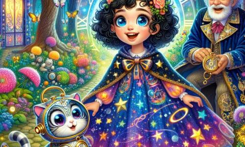 A 6-year-old girl named Luna stands at the center of the image, with big bright eyes and deep black curly hair. She wears a colorful dress adorned with star and planet patterns, her face expressing joy and curiosity. Beside her is a cat robot named Whiskers, with silver fur and bright eyes, sitting and looking at Luna affectionately. In the background, an elderly man, Professor Time, around 70 years old, is dressed in a long blue velvet robe decorated with clock and constellation patterns. He smiles gently at Luna while holding a large golden key that shines in the light. The setting is an enchanting secret garden filled with luminescent flowers in vivid colors, tall trees with sparkling leaves, and colorful butterflies flying around them. In the distance, there is a mysterious door adorned with rainbow patterns, seemingly leading to other worlds. The main scene shows Luna, amazed, exploring this magical garden while Professor Time explains the wonders of time travel, creating an atmosphere of discovery and adventure.